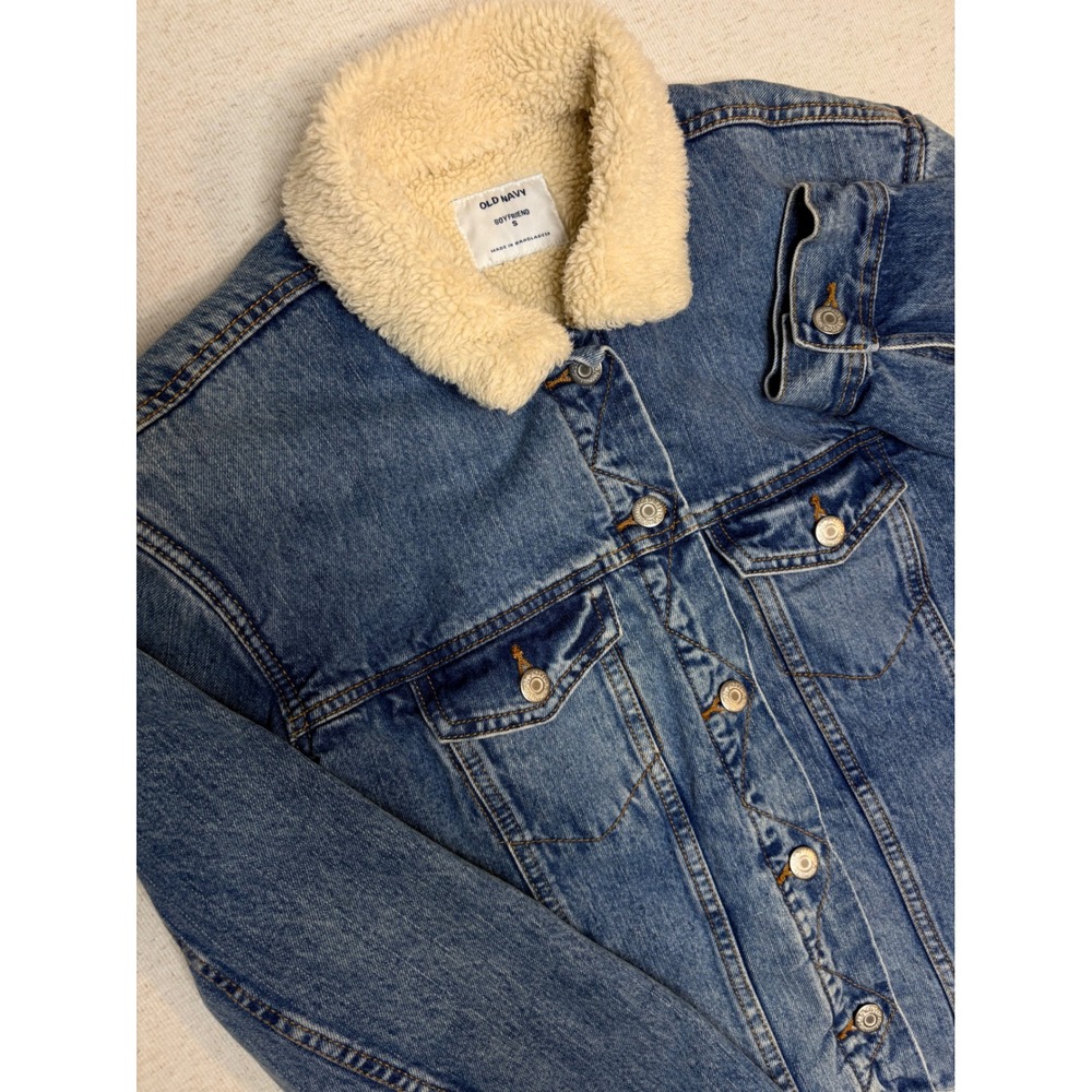 Old Navy Boyfriend Denim Jacket Medium Wash Shearling Collar Small 613982-00